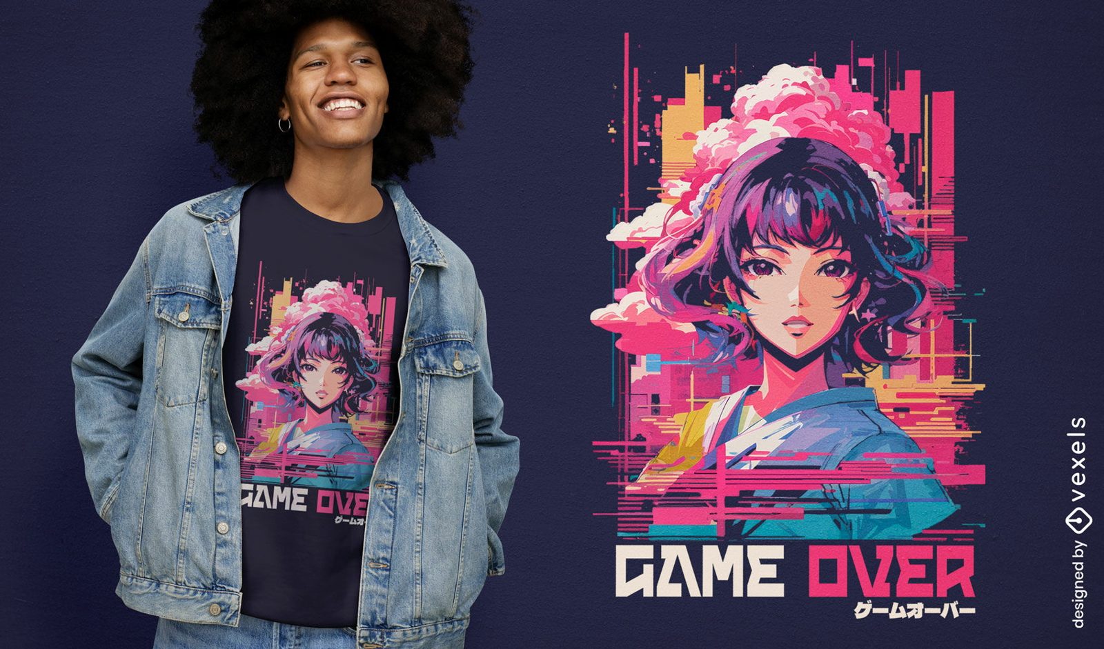 Dise?o de camiseta anime glitch vaporwave.