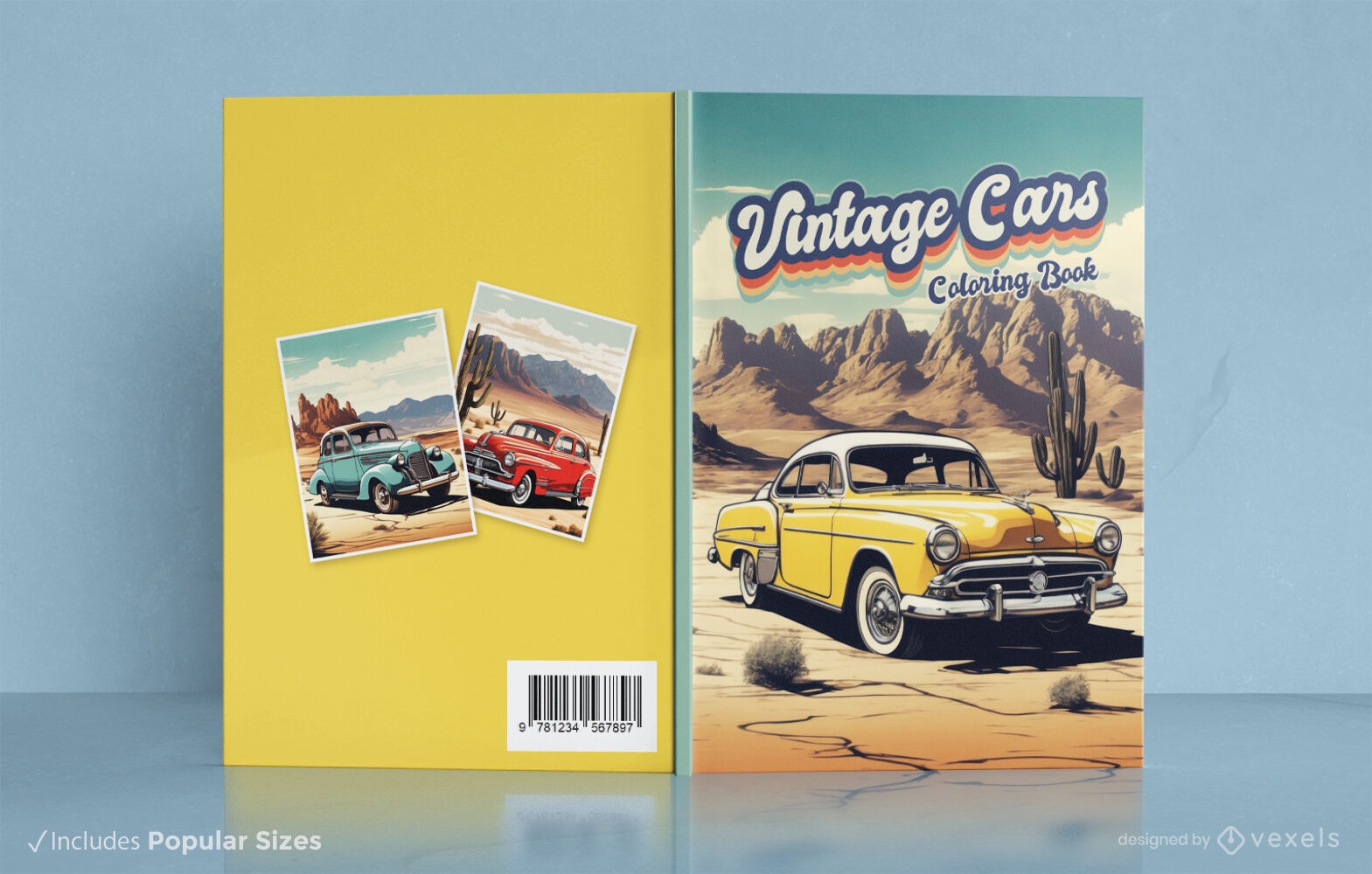 Diseño de portada de libro para colorear de coches antiguos.