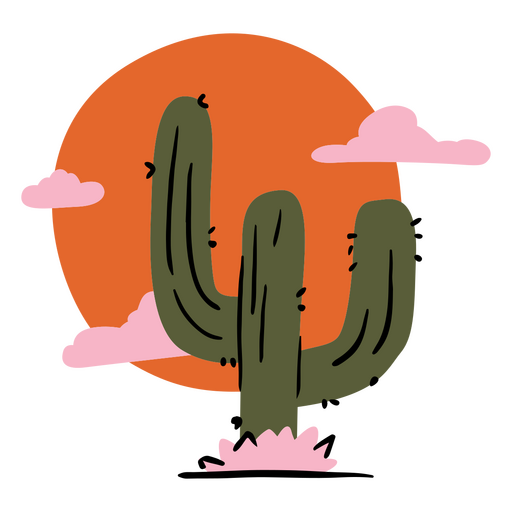Cactus en el desierto con el sol detrás. Diseño PNG