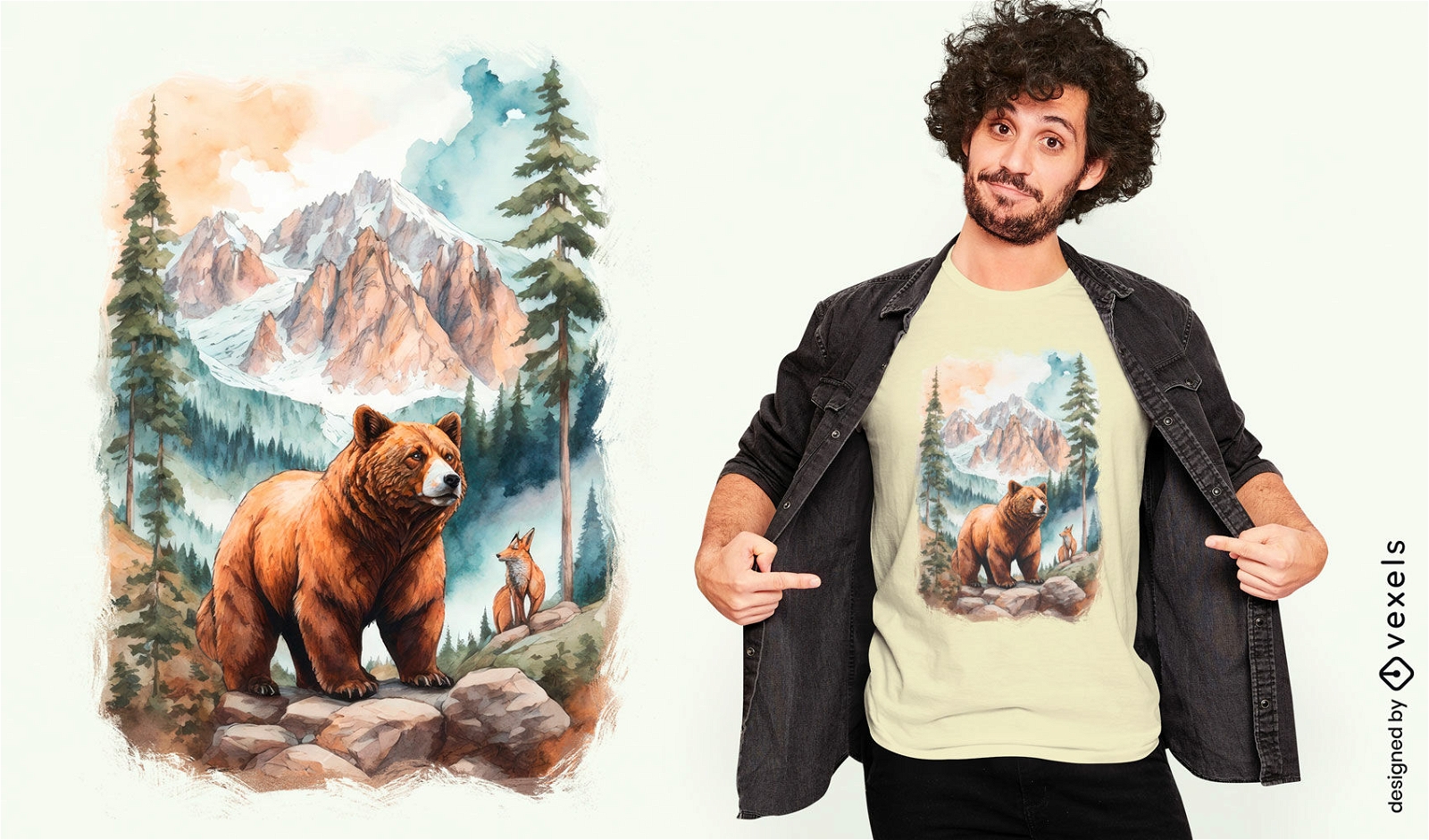 Diseño de camiseta de acuarela de oso en el bosque.