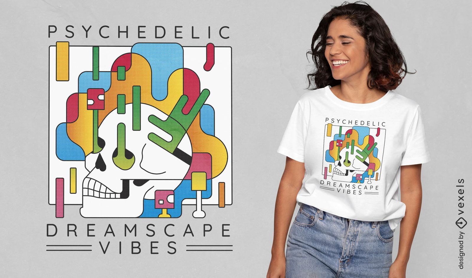 Diseño de camiseta con vibraciones de paisajes oníricos psicodélicos.