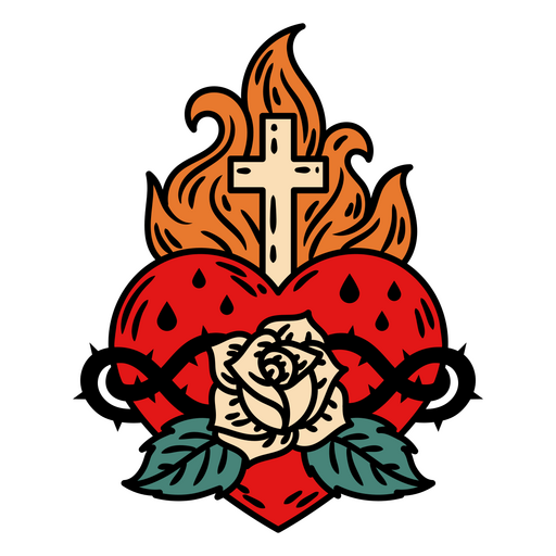 Heart with flames and a rose on it PNG Design