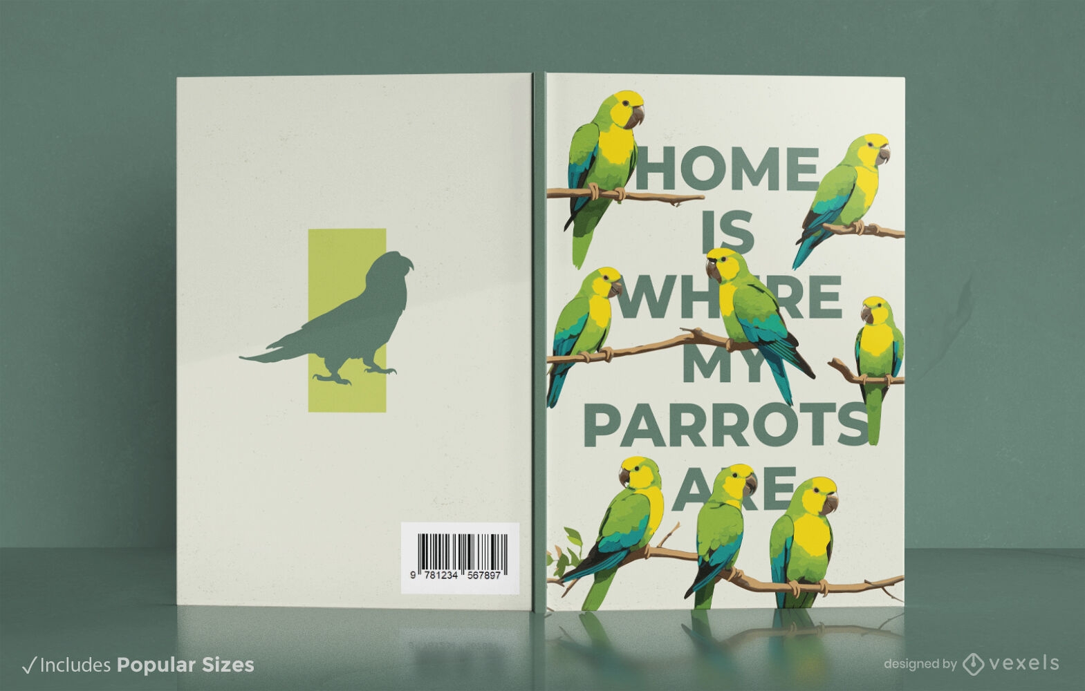 Buchcover-Design mit Papageienmotiv