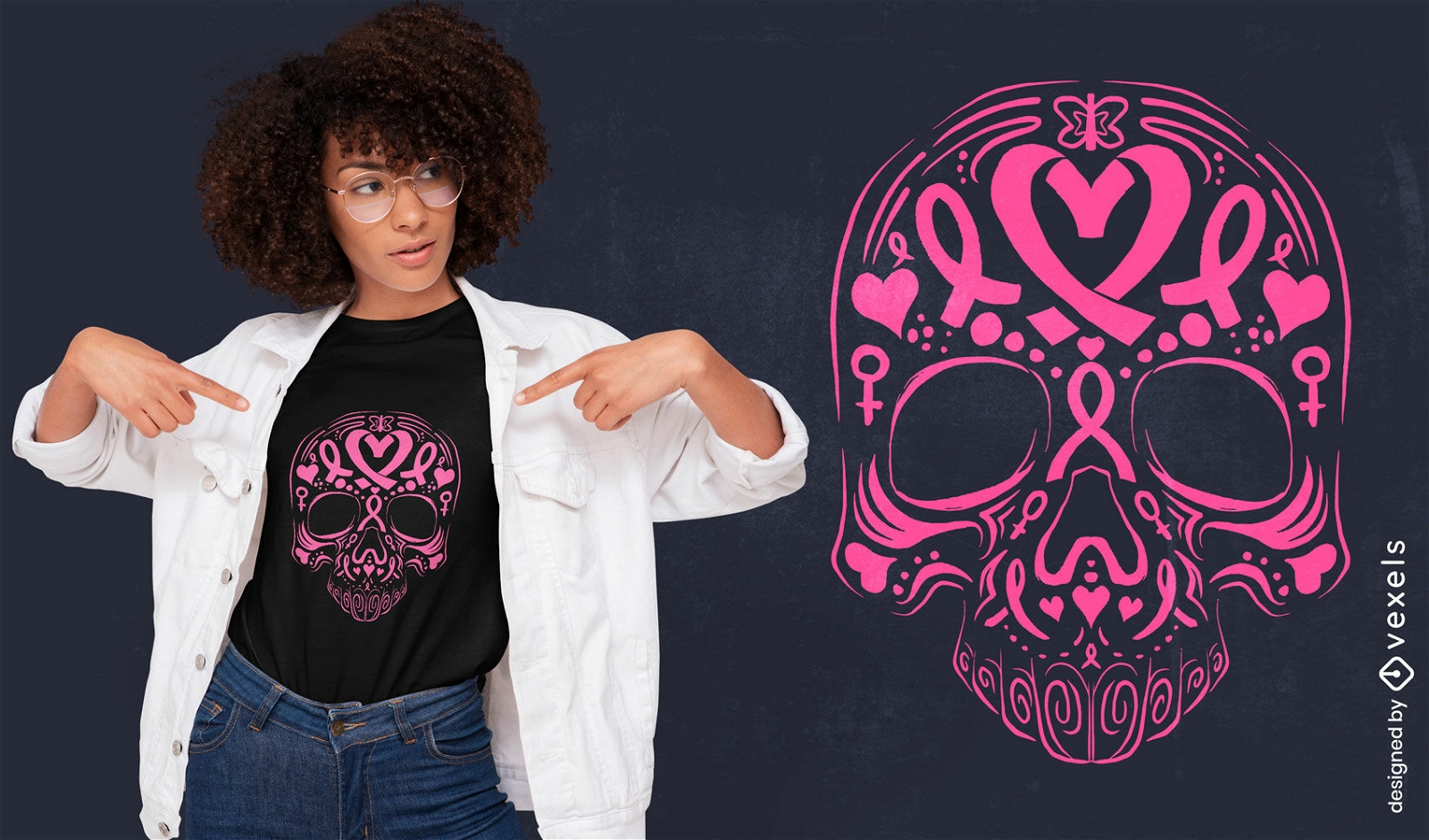Diseño de camiseta de concientización sobre el cáncer de mama con calavera.