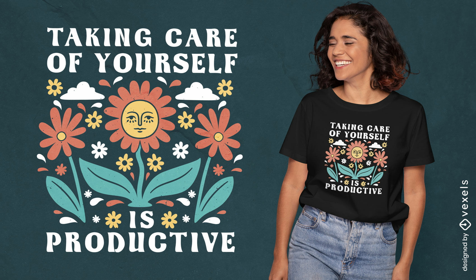 Design de camiseta com mensagem cuidando de si mesmo