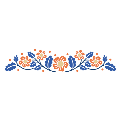 Borde floral con flores azules y naranjas. Diseño PNG