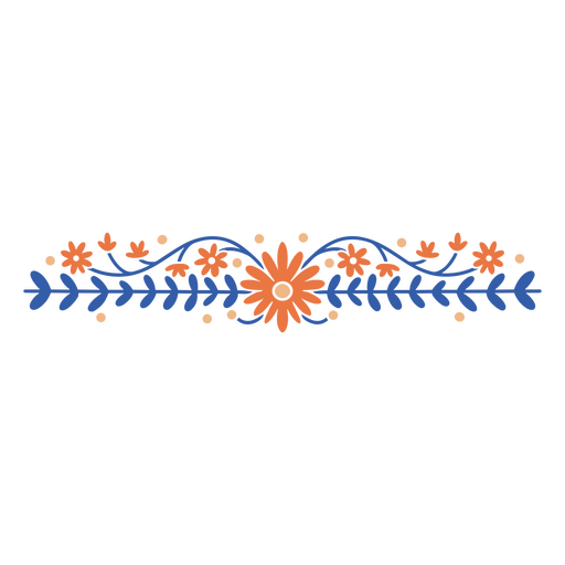 Borde floral naranja y azul. Diseño PNG