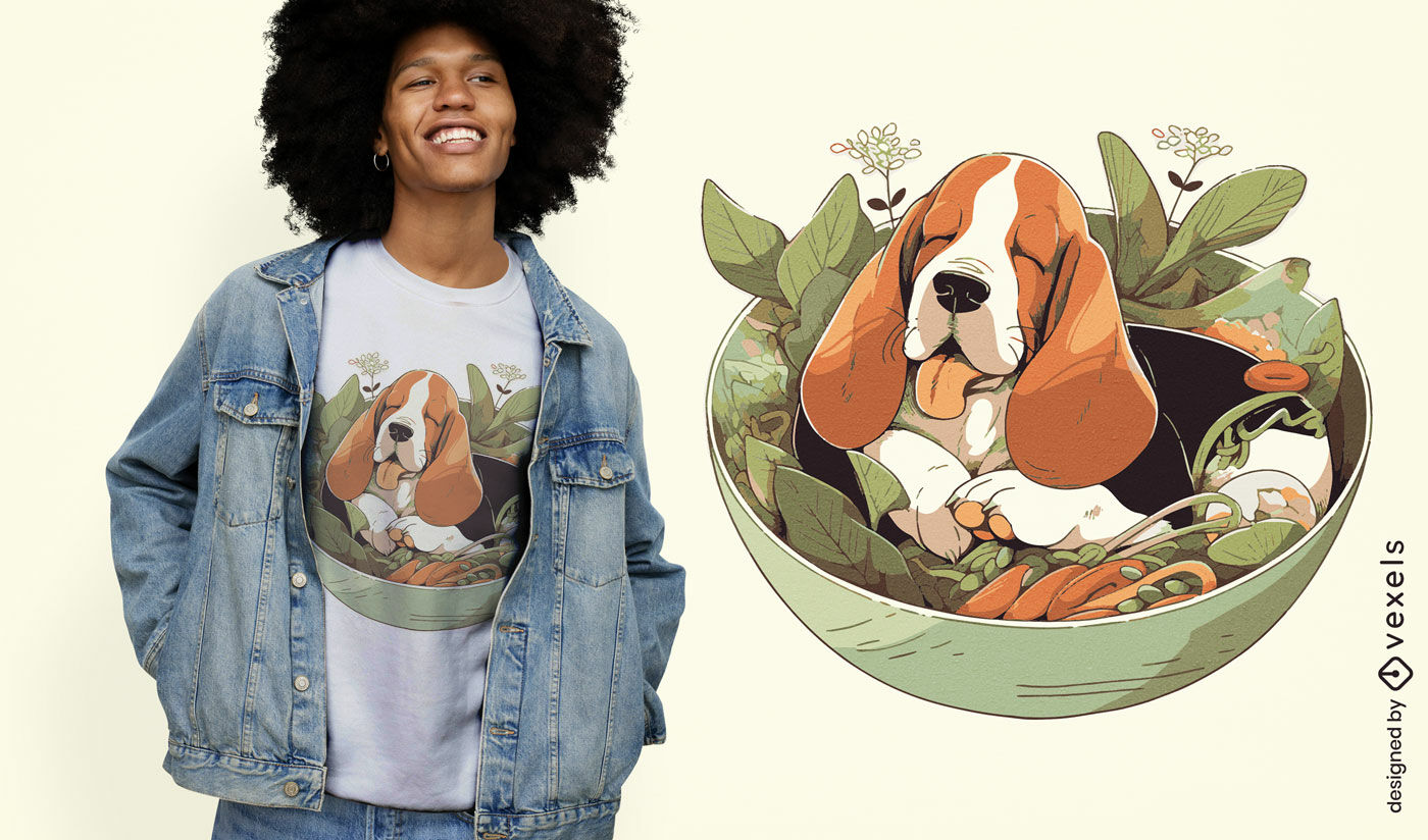 Basset hound en diseño de camiseta de ramen.