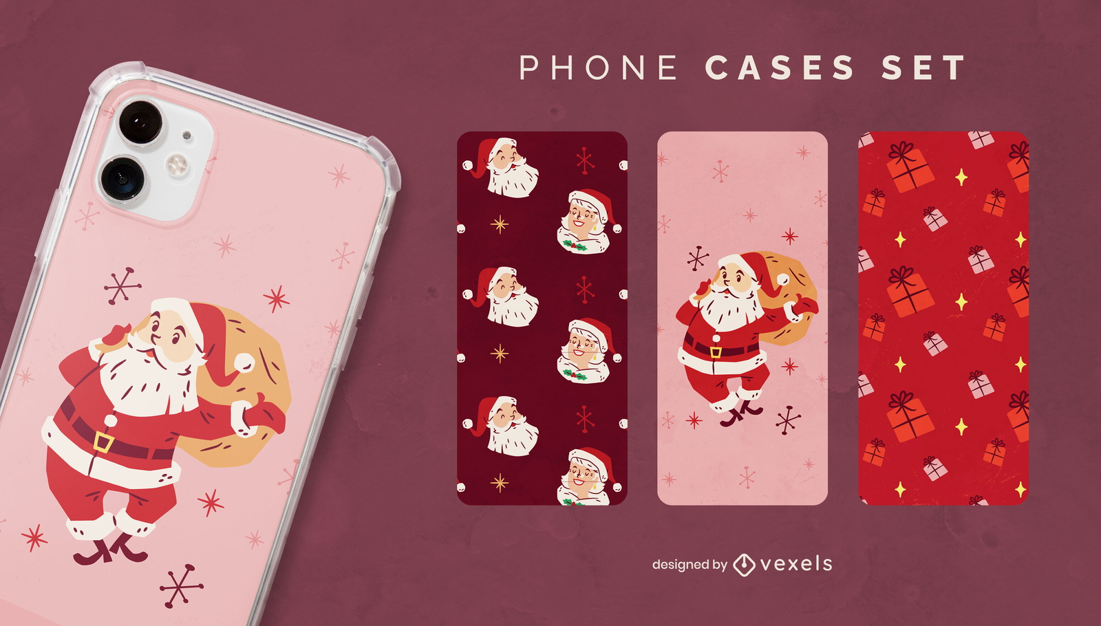 Diseño de escenografía de fundas para teléfonos con temática de Papá Noel.