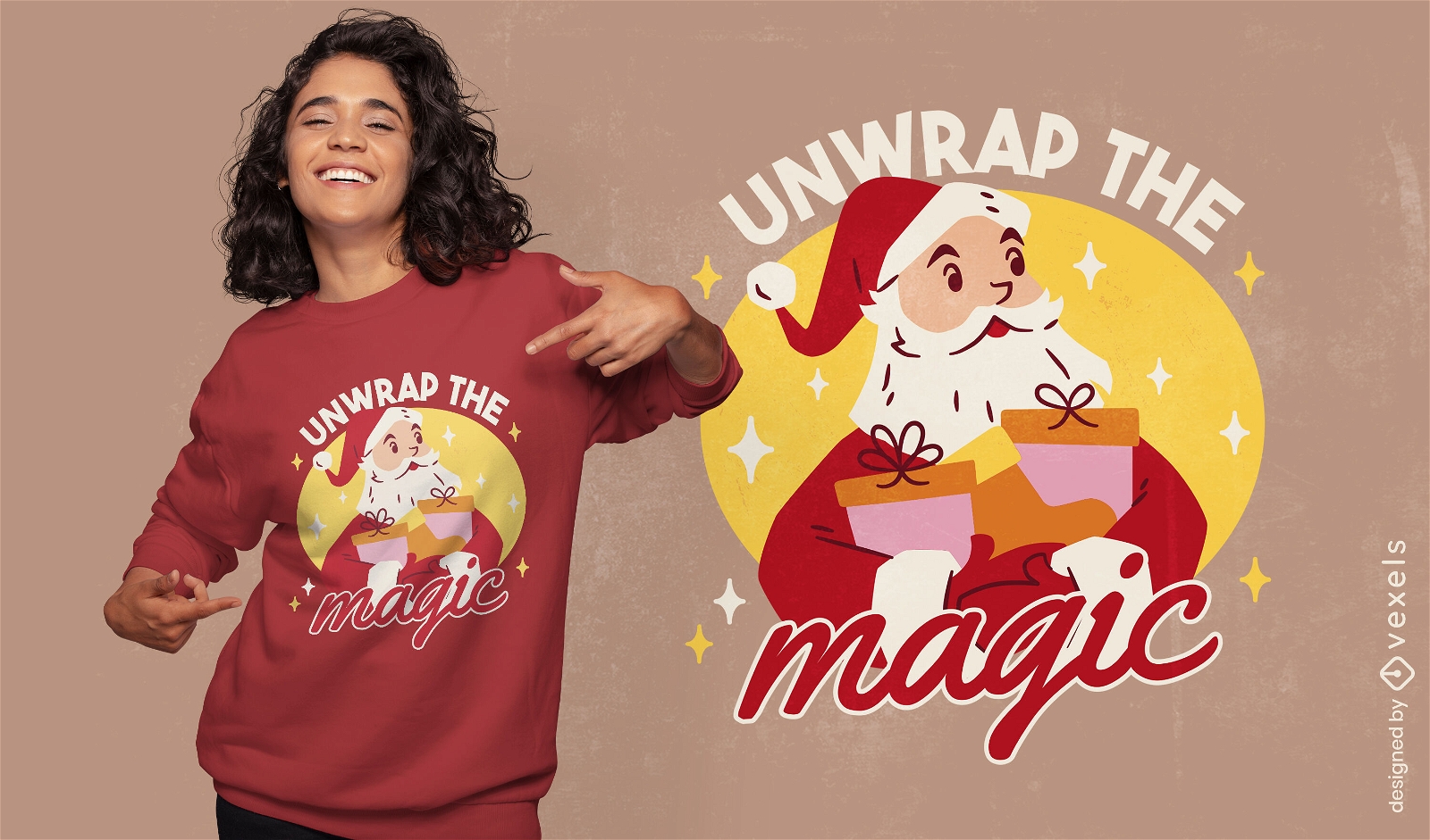 Diseño de camiseta con temática de regalos navideños.