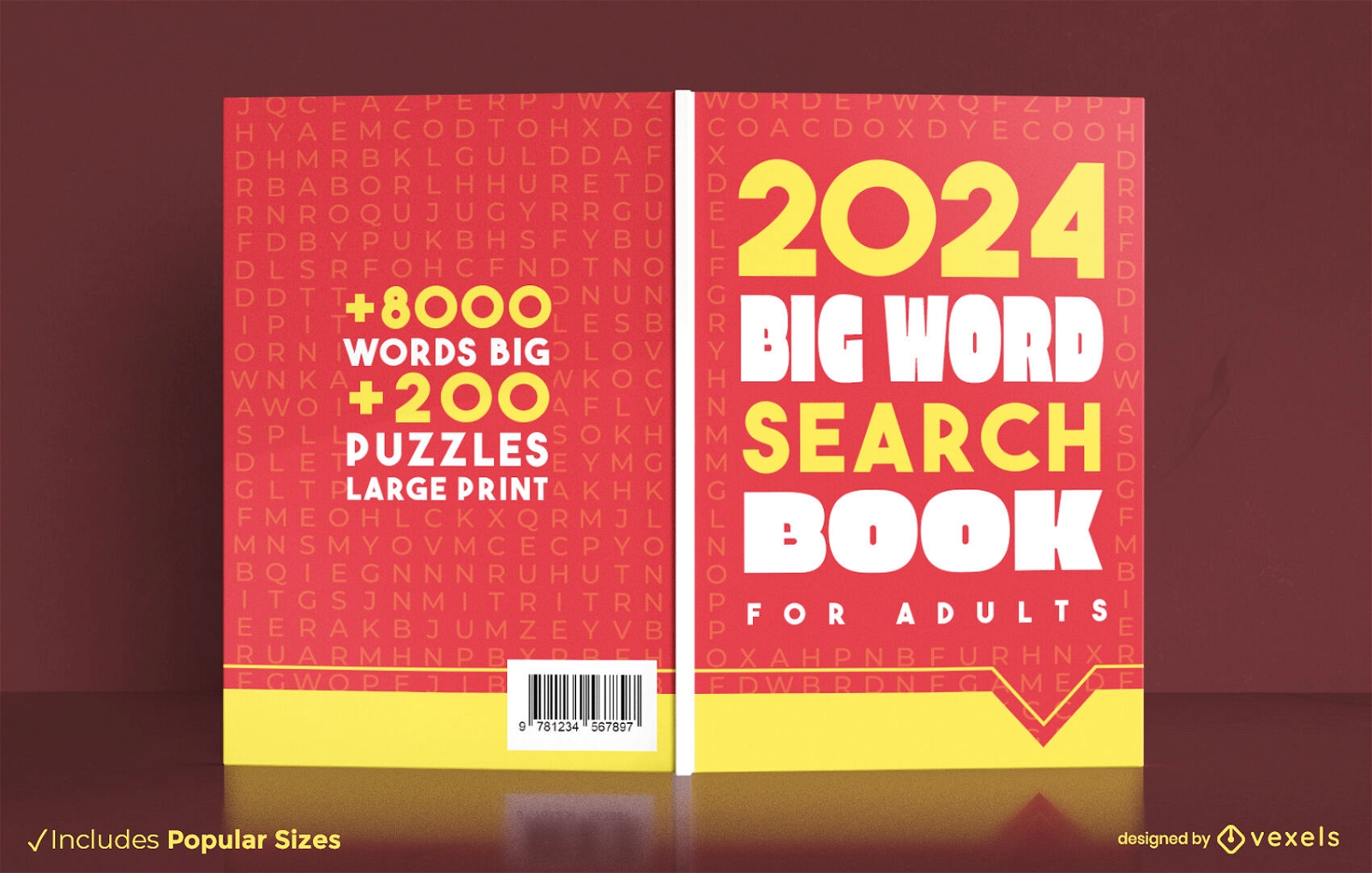 Design de capa de livro vermelho com busca por palavras de 2024