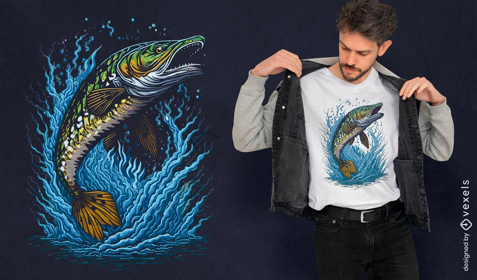 Design de camiseta com salto de peixe lúcio