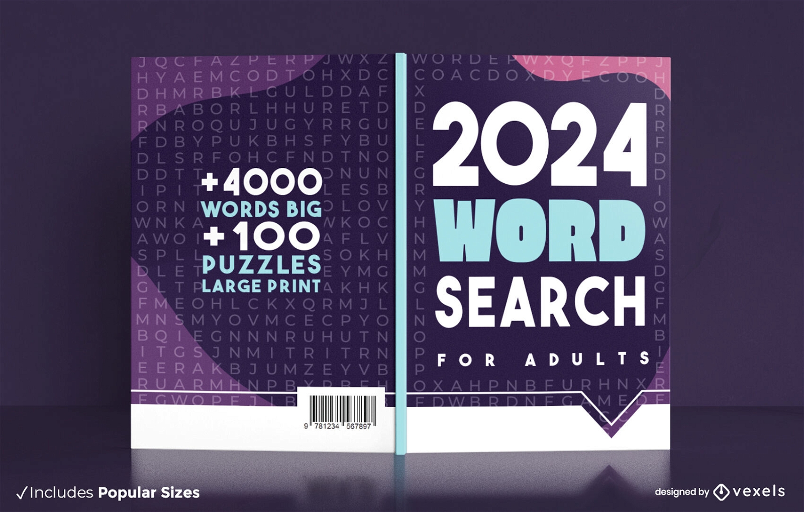 Diseño de portada de libro morado de búsqueda de palabras 2024.
