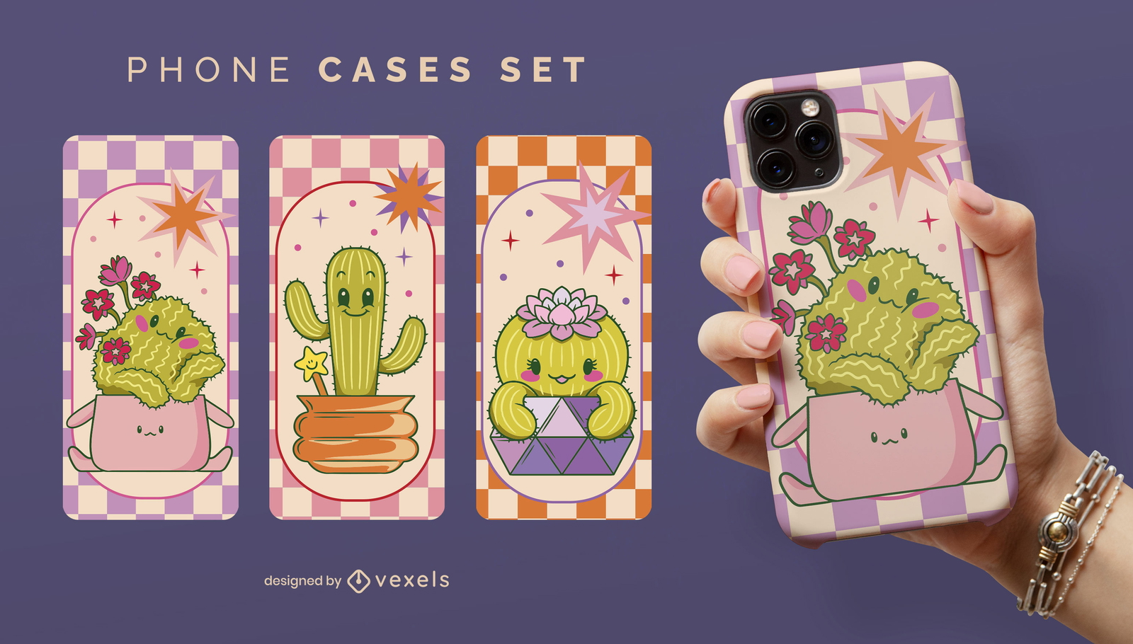 Diseño de escenografía de fundas para móviles con cactus y macetas.