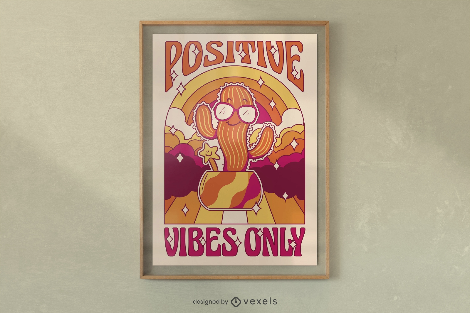 Diseño de cartel de cactus de vibraciones positivas.