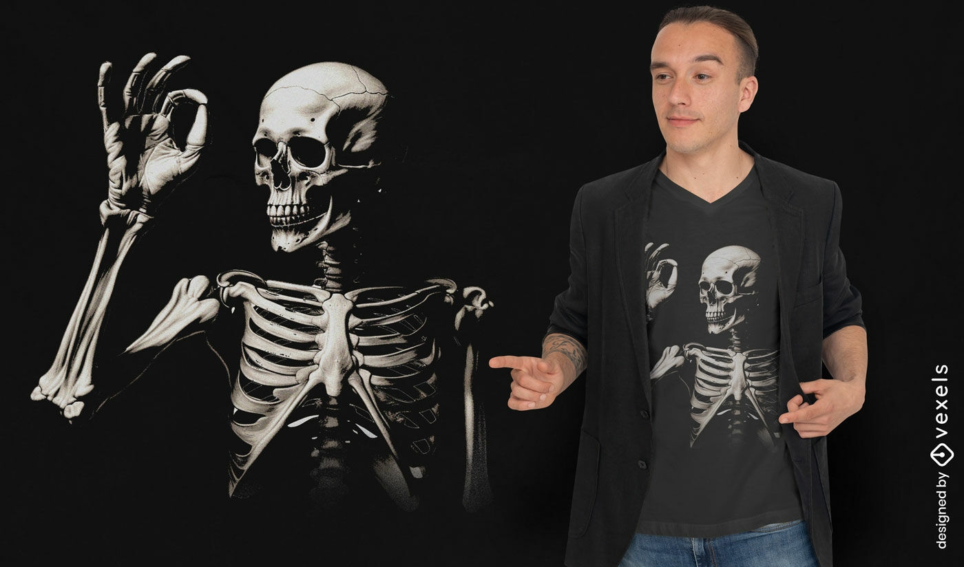 Design de camiseta esqueleto com sinal ok