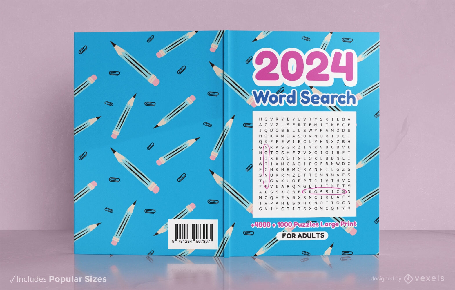 Diseño de portada de libro de búsqueda de palabras con patrones de lápiz 2024.