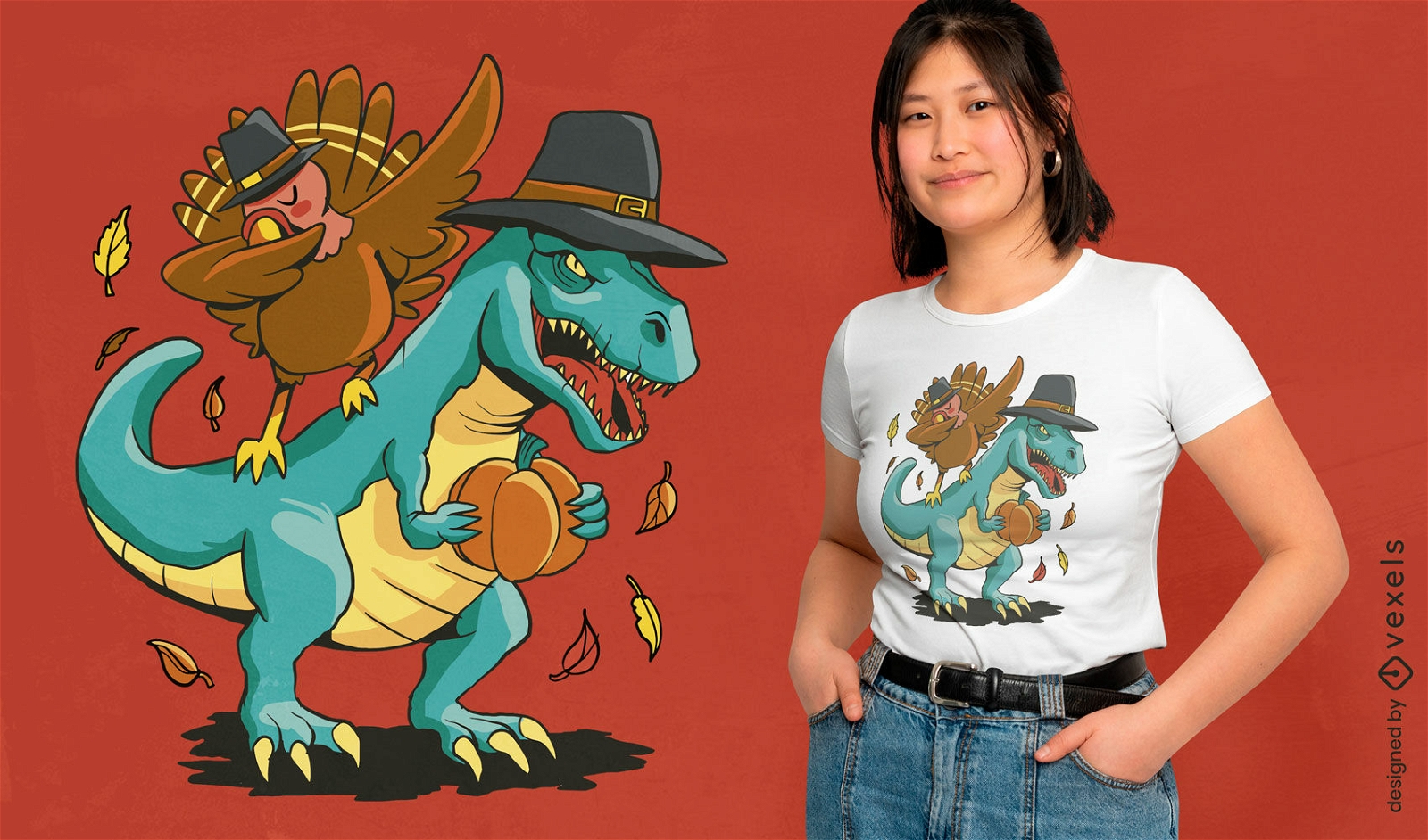Thanksgiving-T-Shirt-Design mit T-Rex und Truthahn