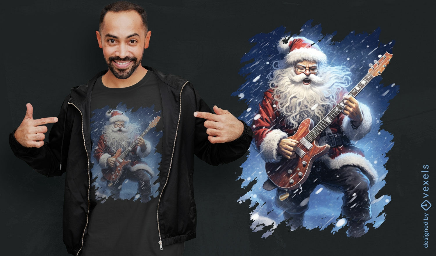 Diseño de camiseta de Papá Noel tocando la guitarra.