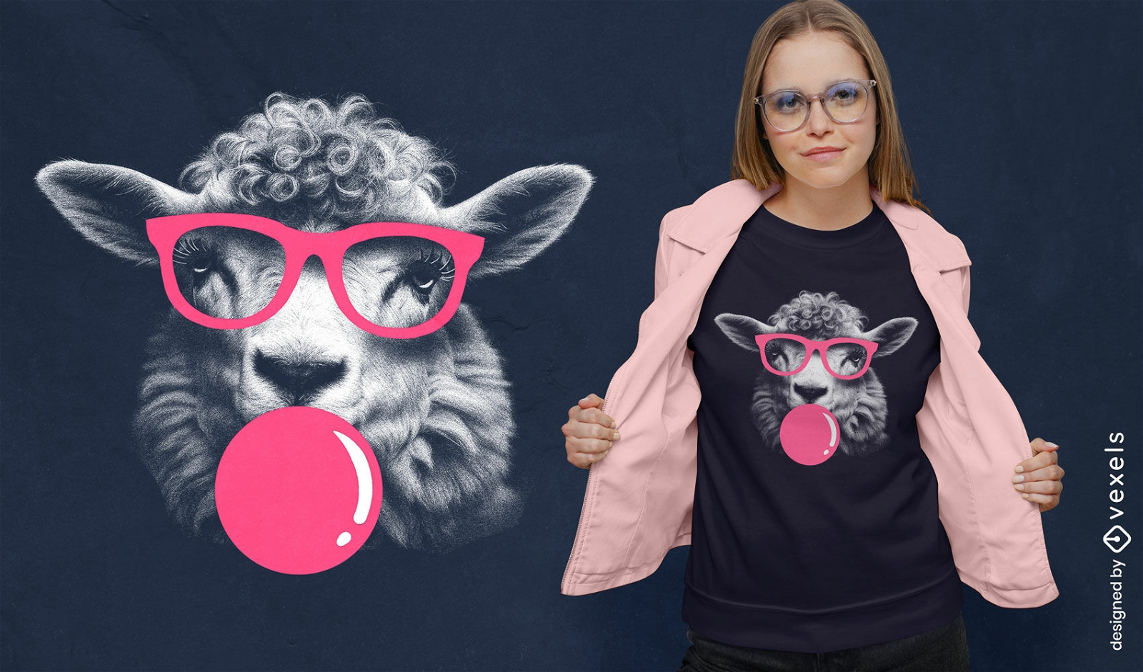 Diseño de camiseta de oveja con gafas y chicle.
