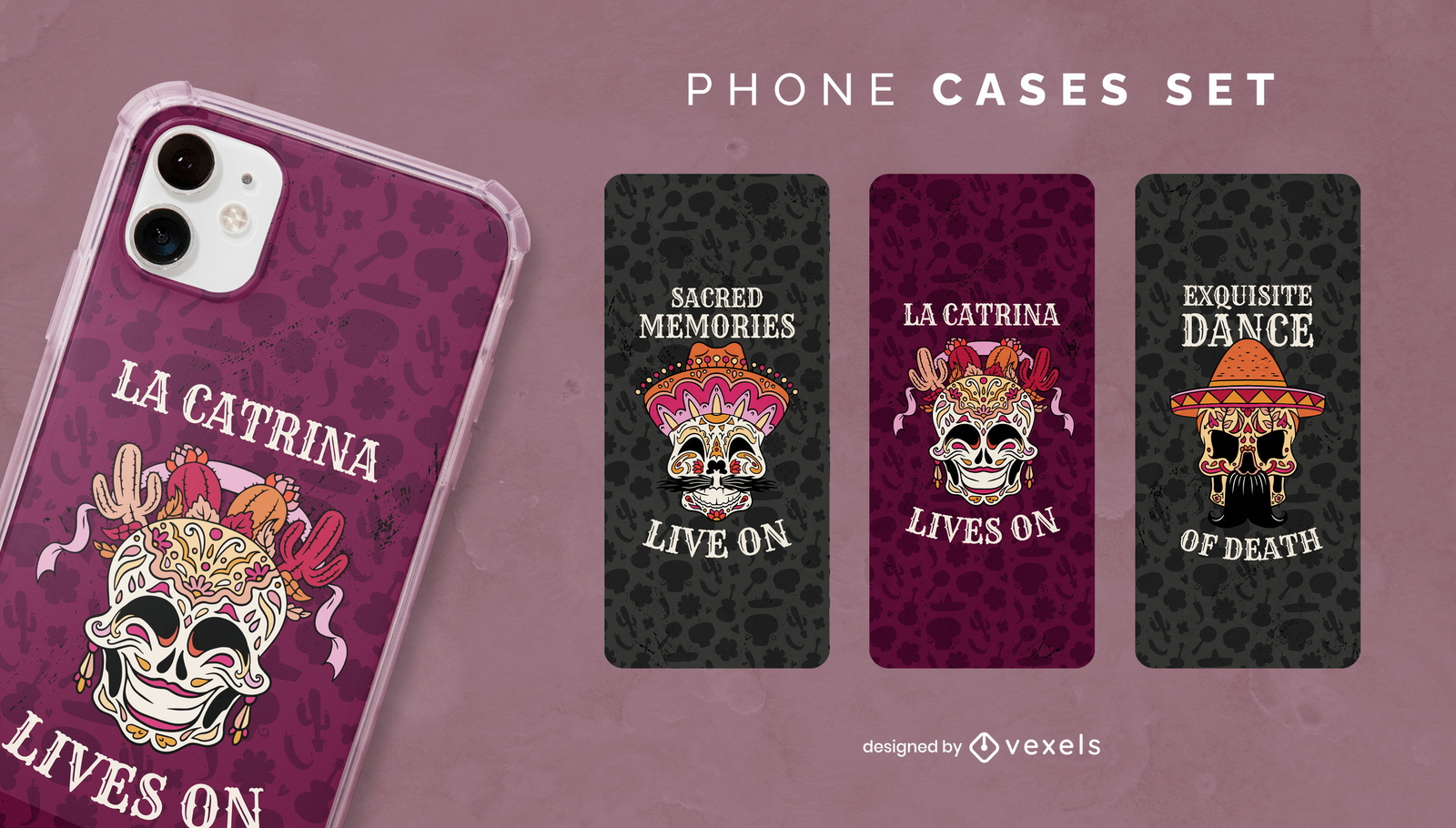 Set de fundas para móviles festivas del día de muertos.