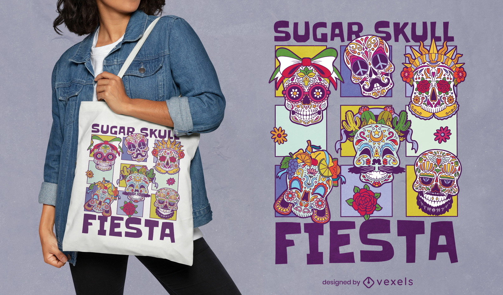 Diseño de bolso tote fiesta de calavera de azúcar