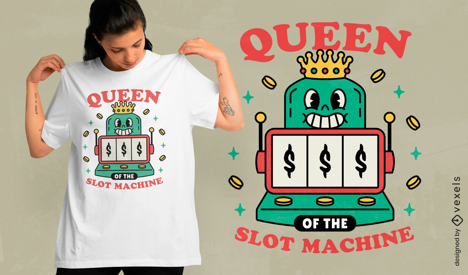 Diseño de camiseta de reina de las máquinas tragamonedas.