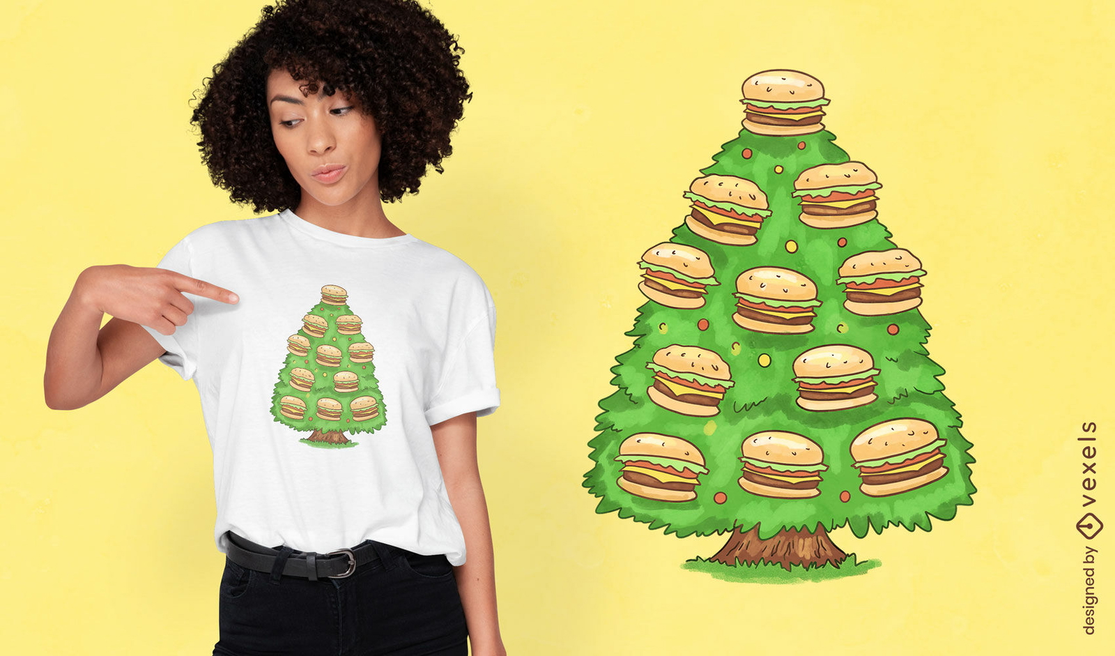 Diseño de camiseta de árbol de navidad de hamburguesa.