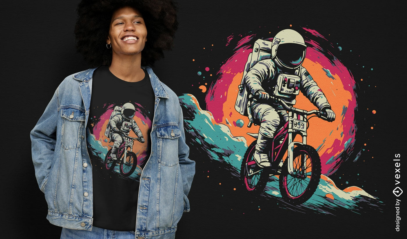 Diseño de camiseta espacial de astronauta en bicicleta.