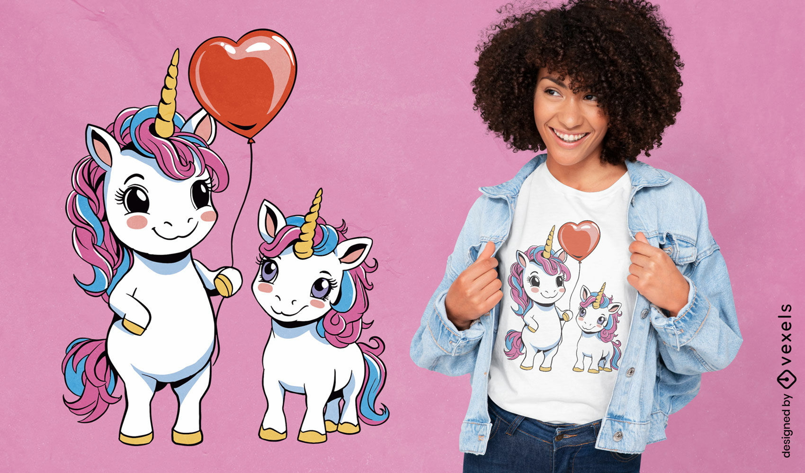 Diseño de camiseta de unicornios con globo de corazón.