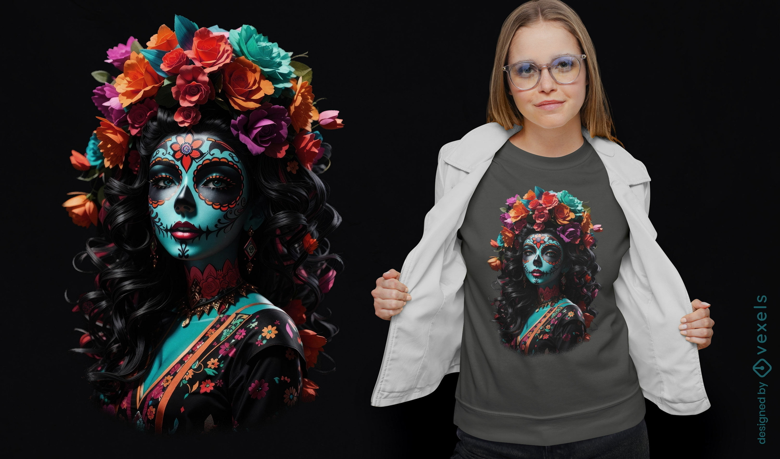 Diseño de camiseta de belleza floral Catrina.