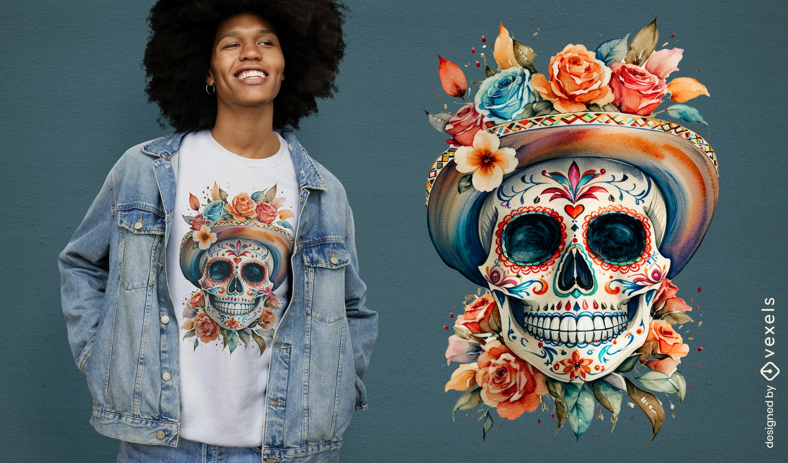 Diseño de camiseta de calavera con flores en colores pastel.