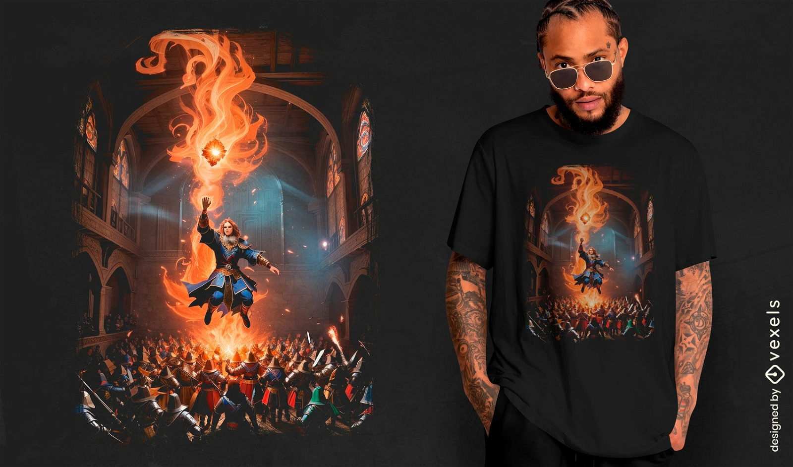 Diseño de camiseta de batalla de hechicero ardiente.