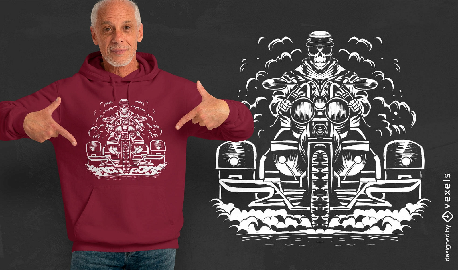 Diseño de camiseta de motociclista esqueleto grunge.