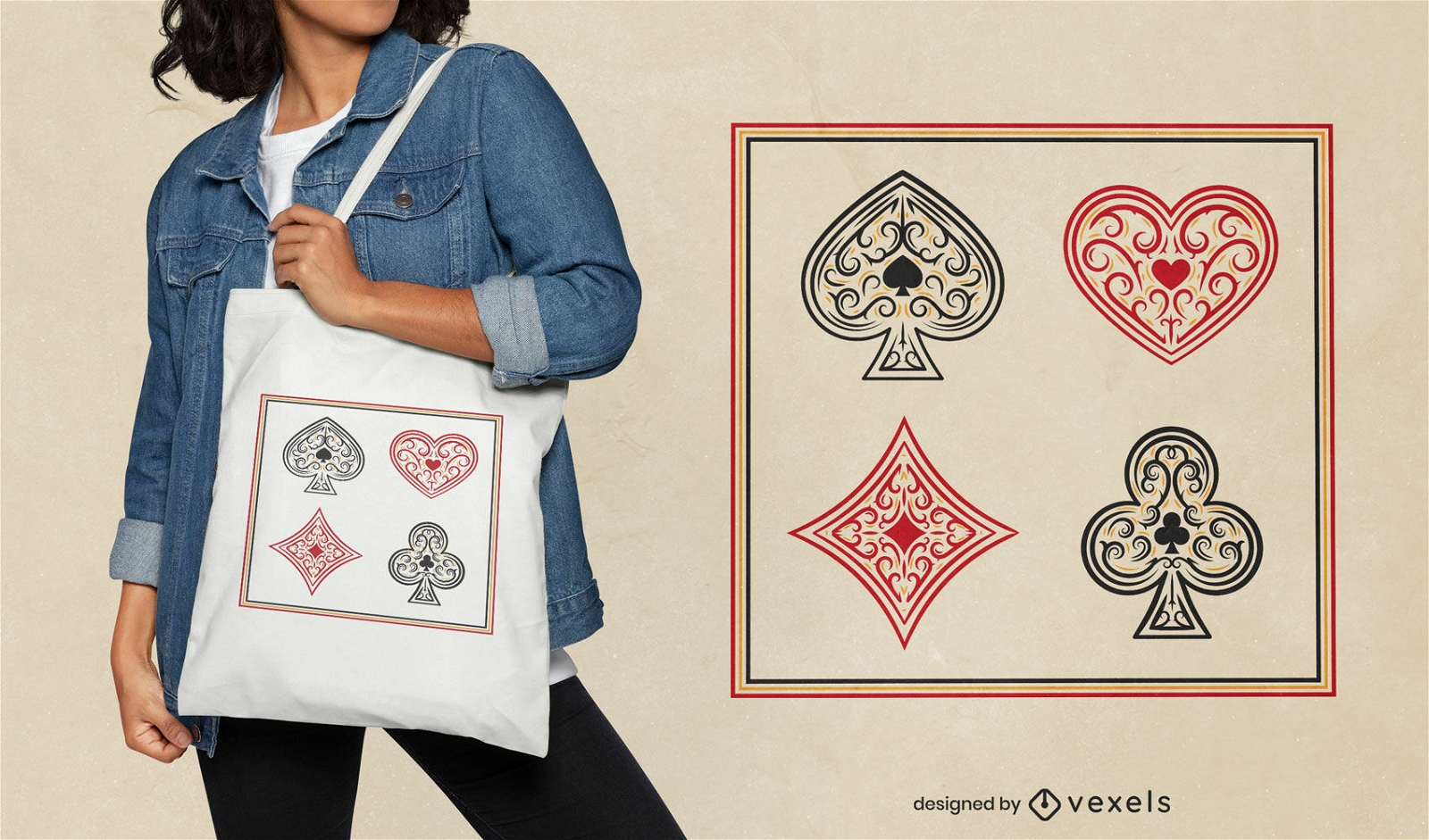 Diseño de bolso tote con símbolos de tarjetas.