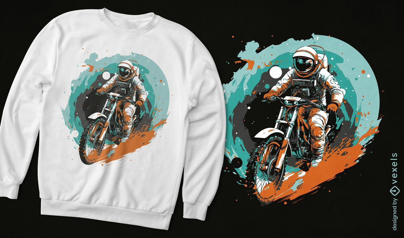 Diseño de camiseta de astronauta montando una motocicleta.