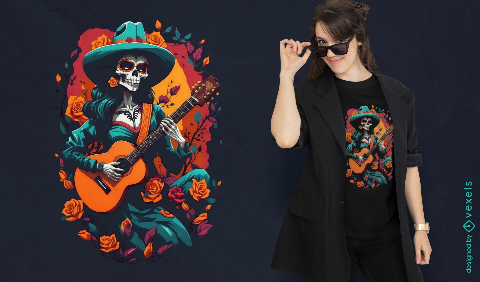 Diseño de camiseta musical del día de muertos.