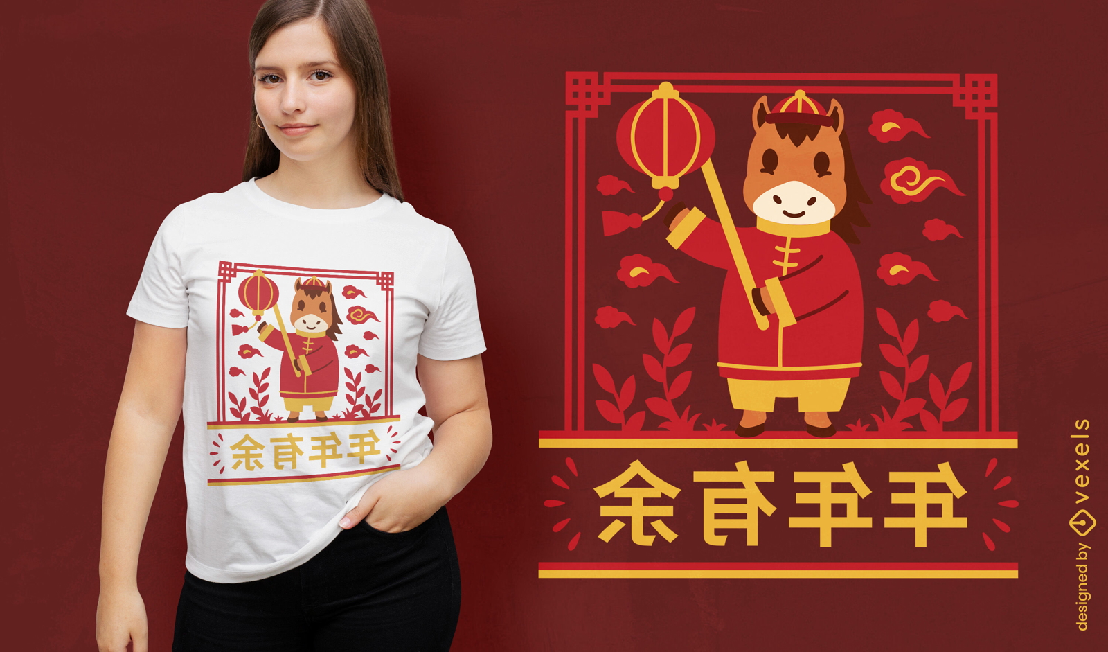 Celebratory red horse with lantern t-shirt design