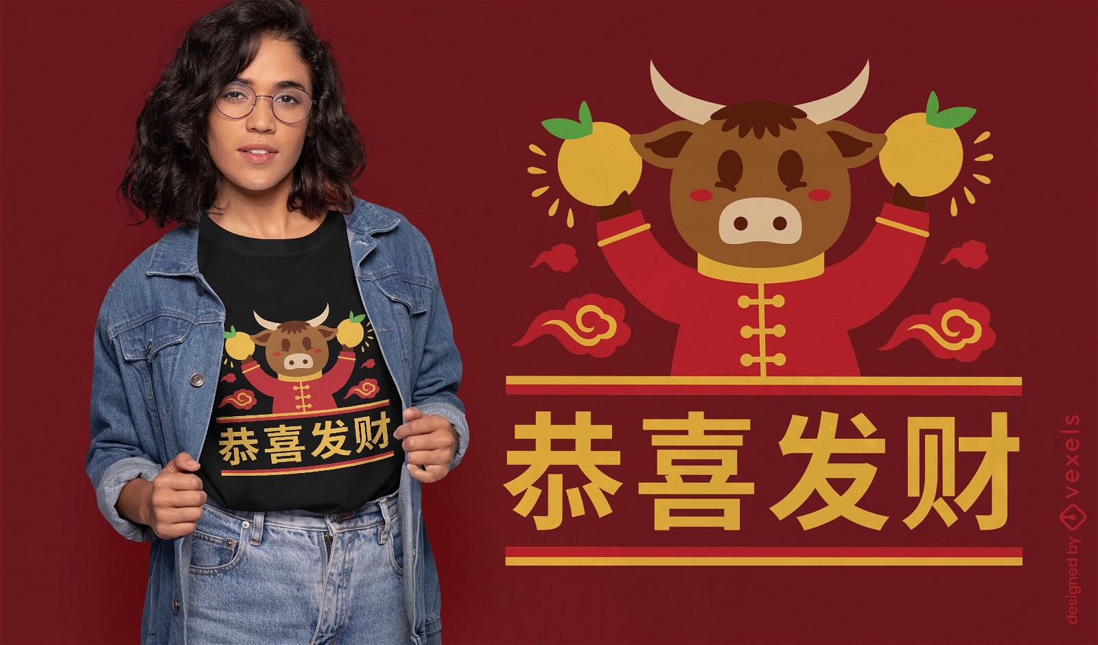 Design de camiseta de boi vermelho chinês