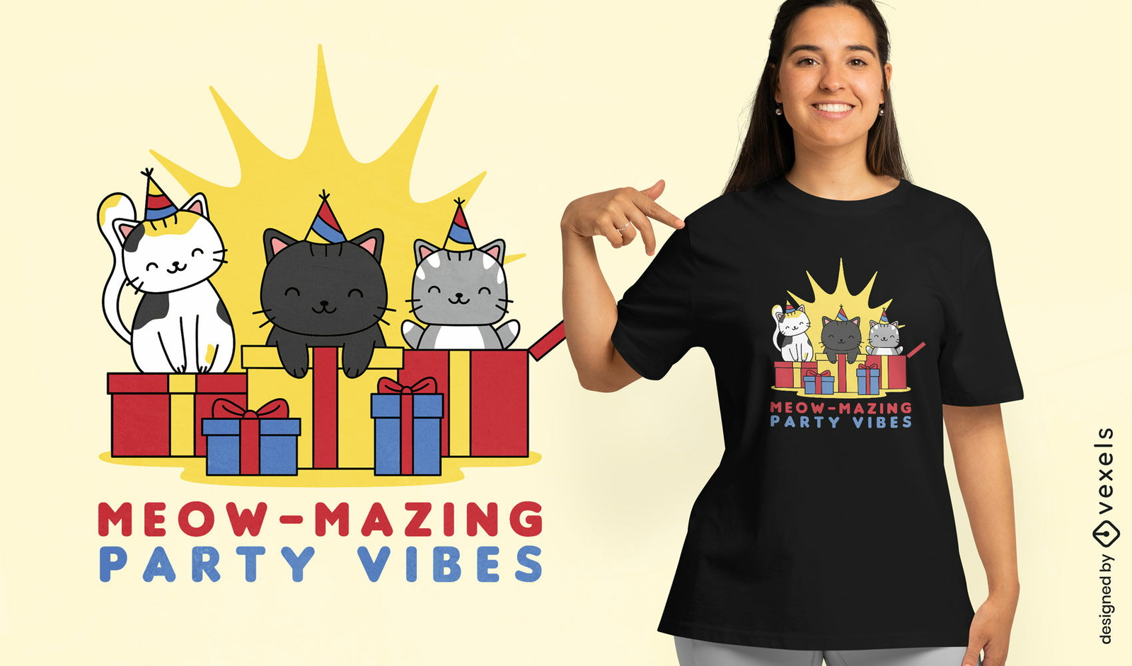 Diseño de camiseta de celebración de gatos de fiesta.