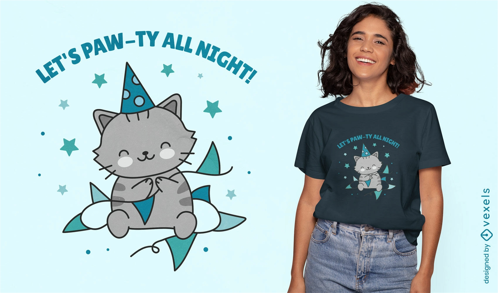 Design de camiseta para gato para festa noturna