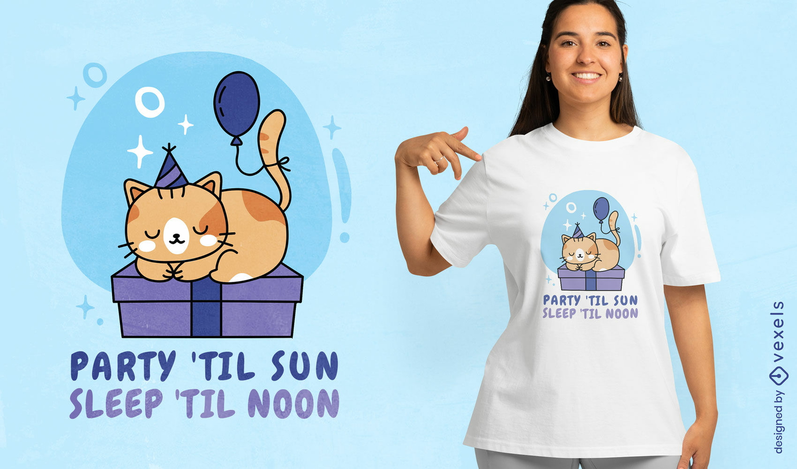 Design de camiseta para festa de gato até o nascer do sol