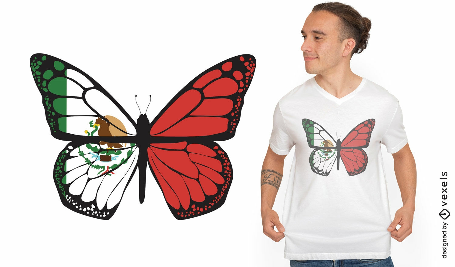 T-Shirt-Design mit mexikanischer Flagge und Schmetterling