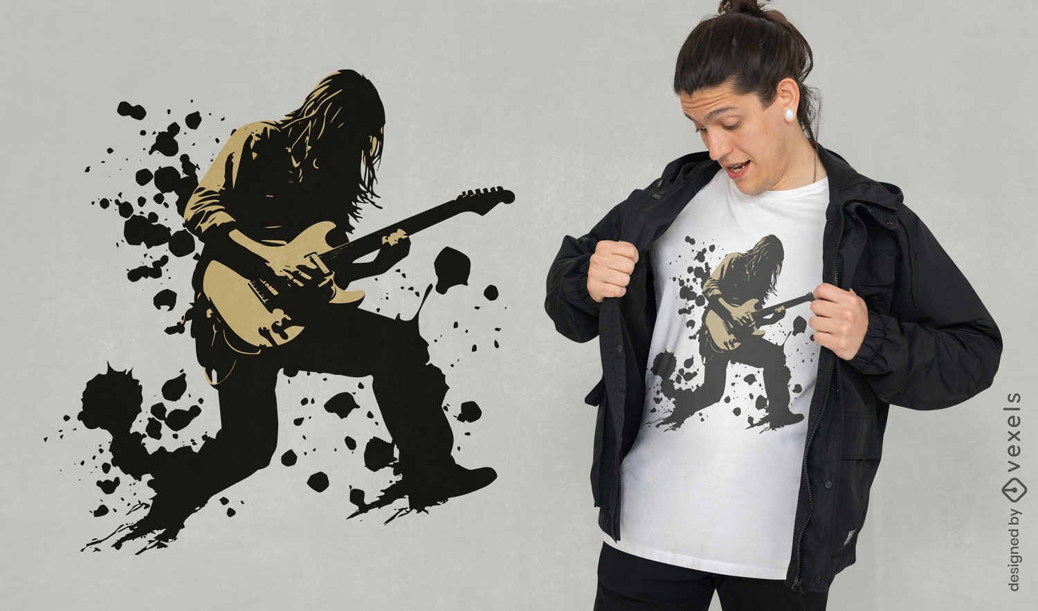Diseño de camiseta de guitarrista rockstar.
