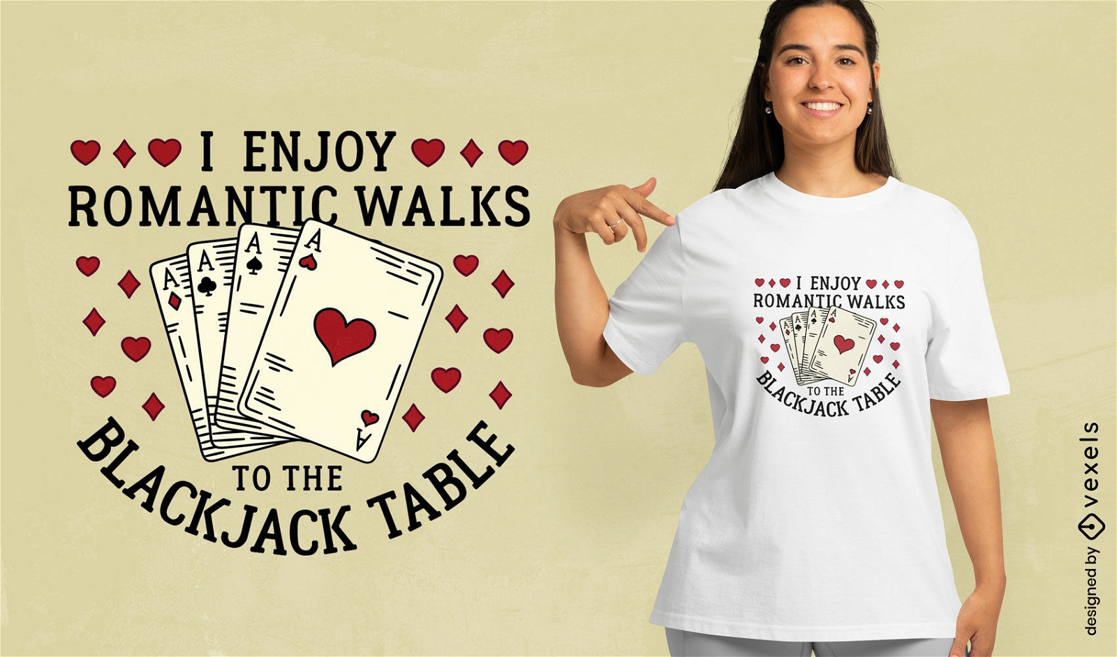 Diseño de camiseta de blackjack con temática de casino.