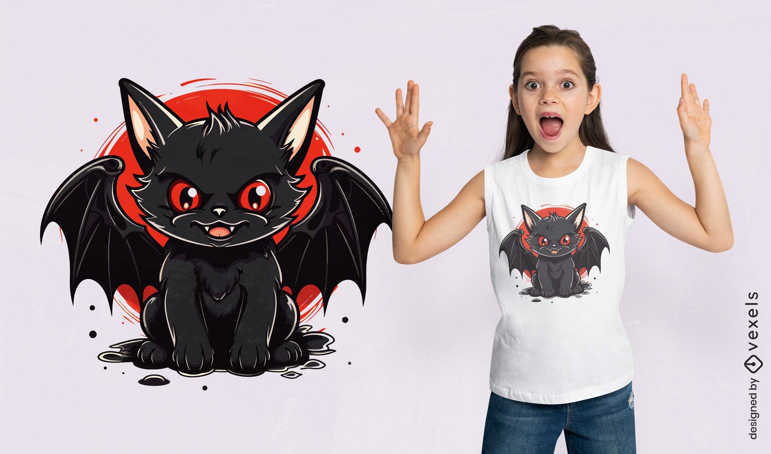 Diseño de camiseta de Halloween de gato murciélago.