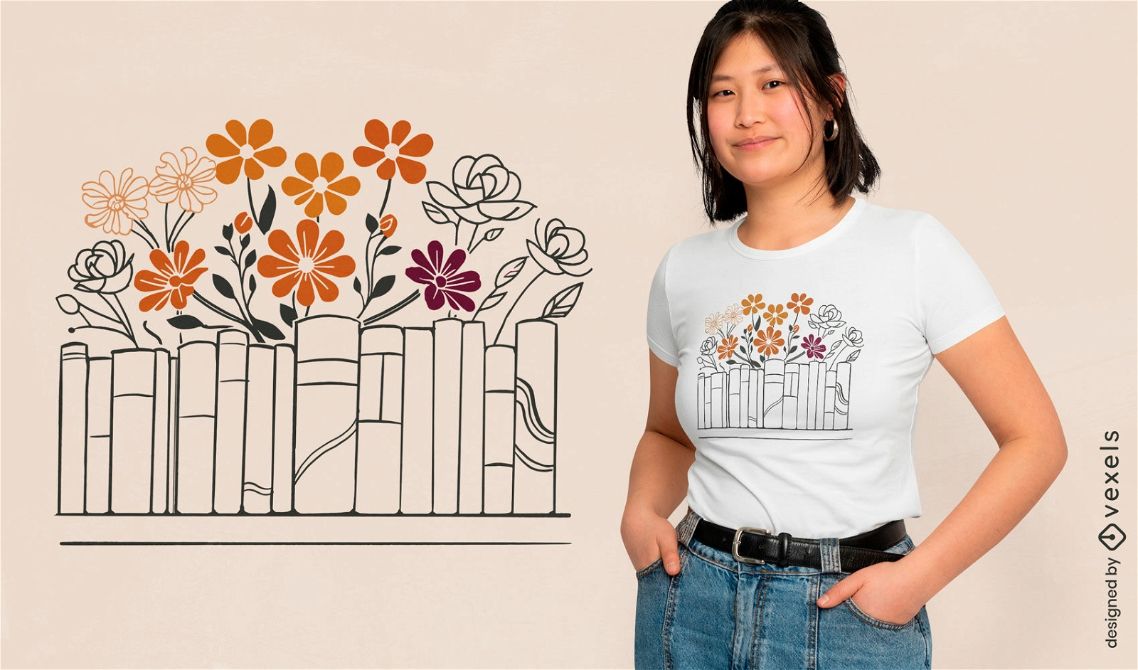 Design de camisetas com livros e flores