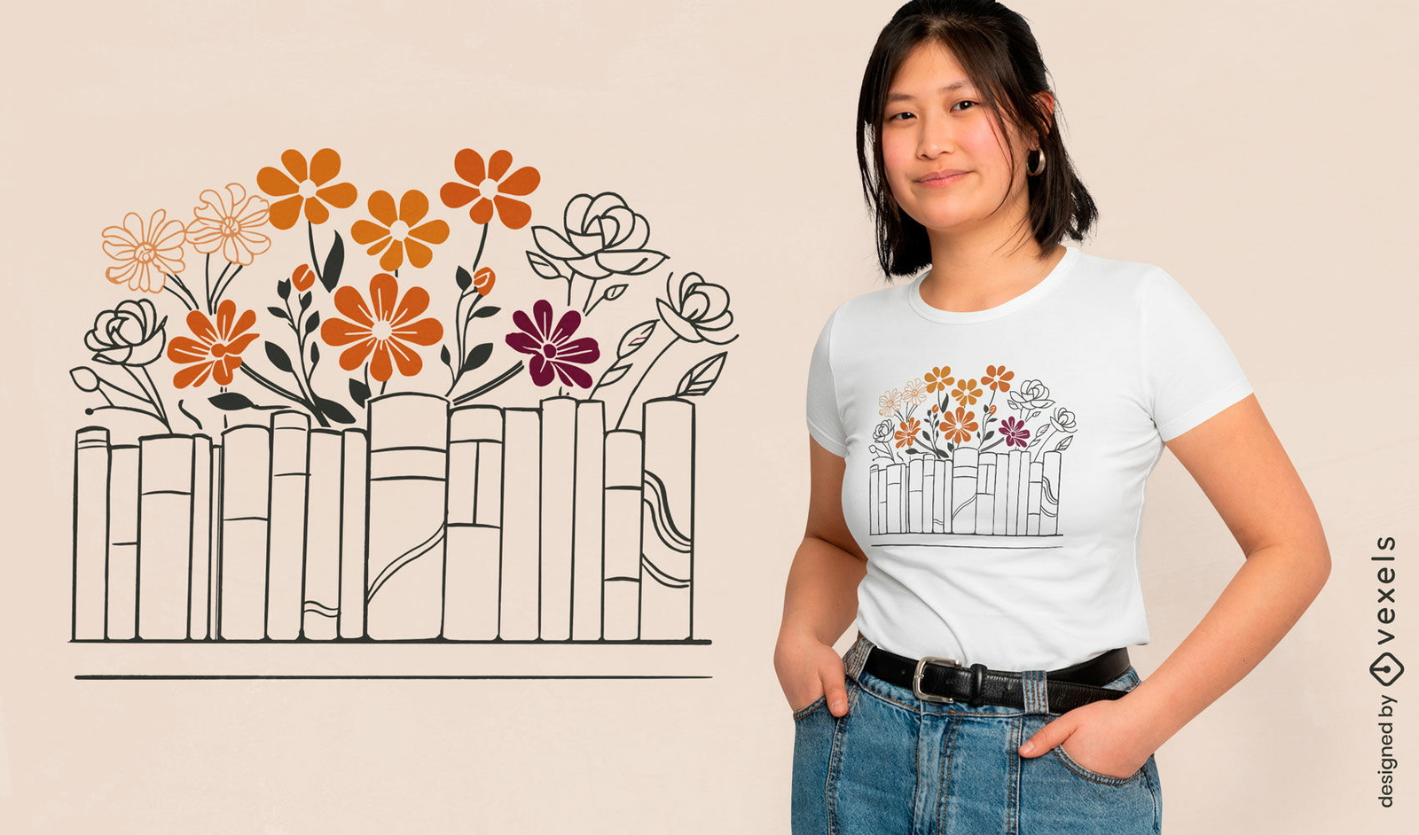 Diseño de camiseta de libros y flores.