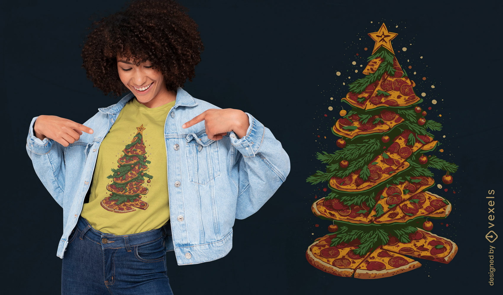 Diseño de camiseta de pizza-árbol de Navidad.