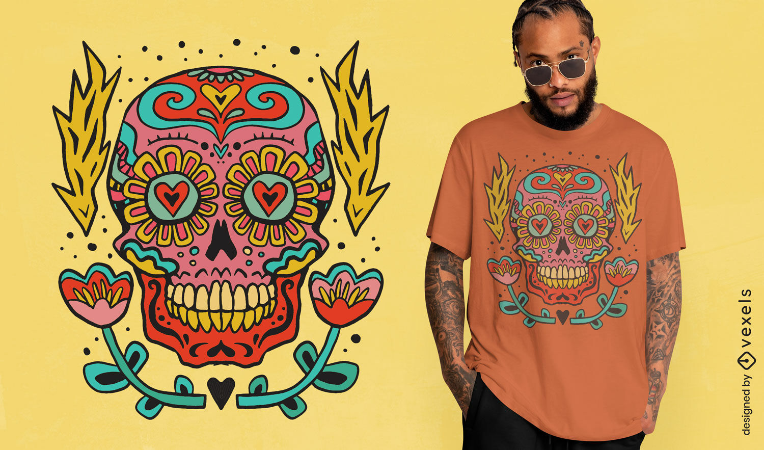 Diseño de camiseta de calavera vibrante.